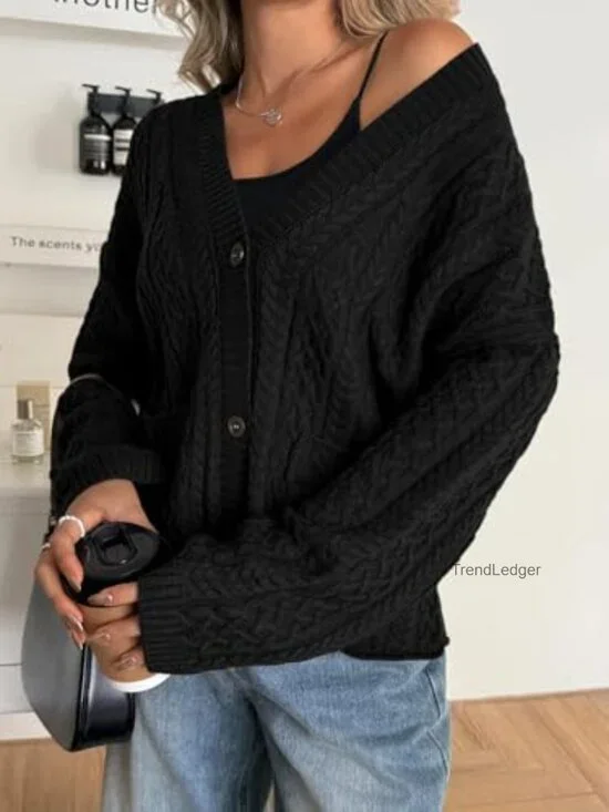 Oversized Cable Knit Cardigan Sweater Coat Long Sleeve Button Front - Picture 2 of 6